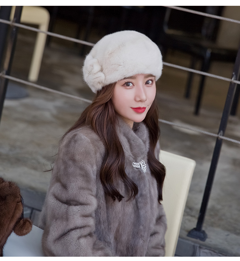 水貂帽新款貂皮帽子秋冬季女整貂贝雷帽冬天户外保暖优雅花朵皮草帽子
