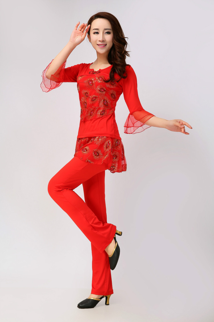 广场舞服装 套装蕾丝网纱刺绣舞台演出服 瑜伽舞蹈 红色 4xl