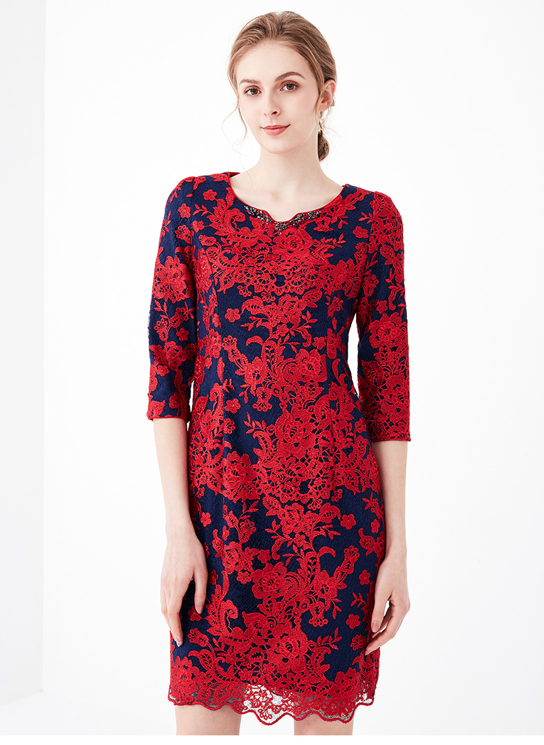 皮尔卡丹女装夏装新款蓝底红花优雅蕾丝连衣裙商场同款花色46a175106a