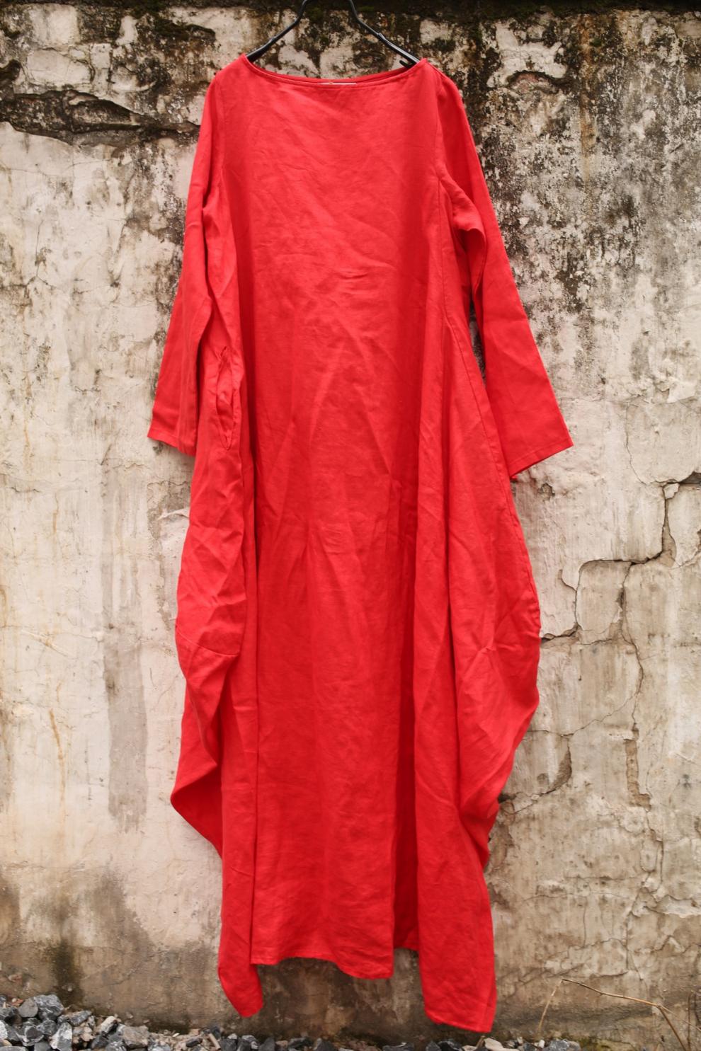 网软服饰春秋亚麻连衣裙长袖一字领长裙连衣裙 红色 均码