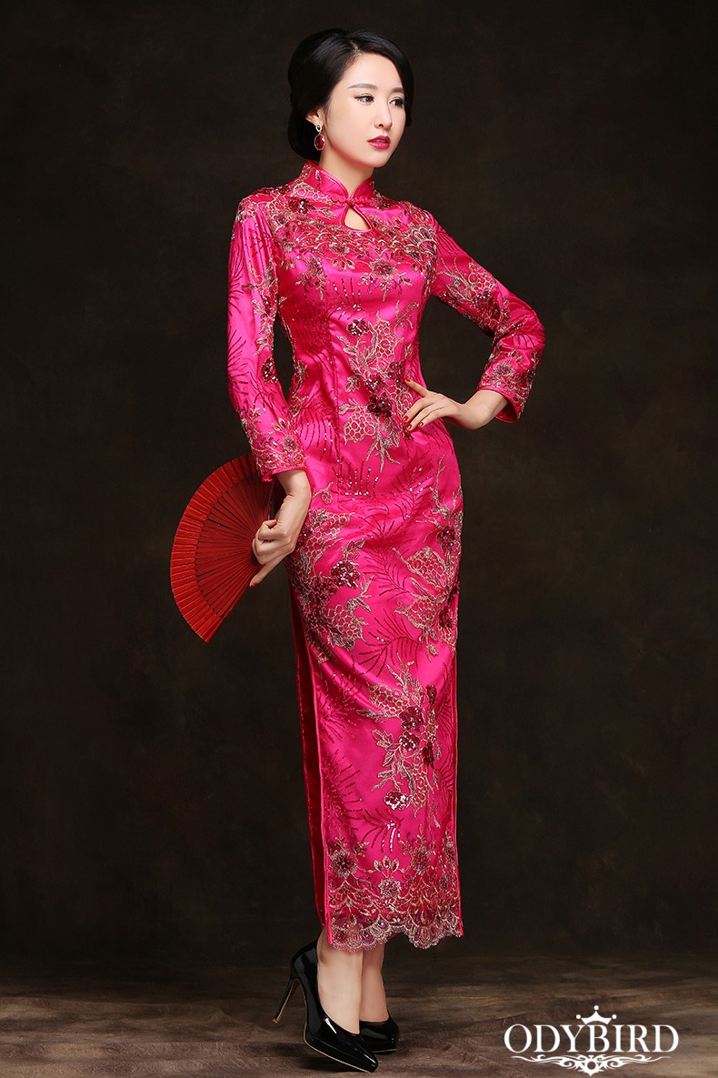 品牌2019春季新款长袖旗袍长款时尚新娘敬酒服旗袍裙走秀演出玫红色l