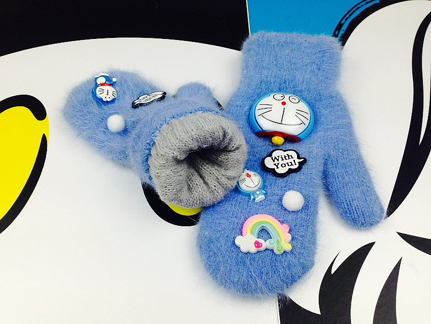 珮缨叮当猫机器猫哆啦a梦双层针织全指兔毛手套保暖冬天蓝色