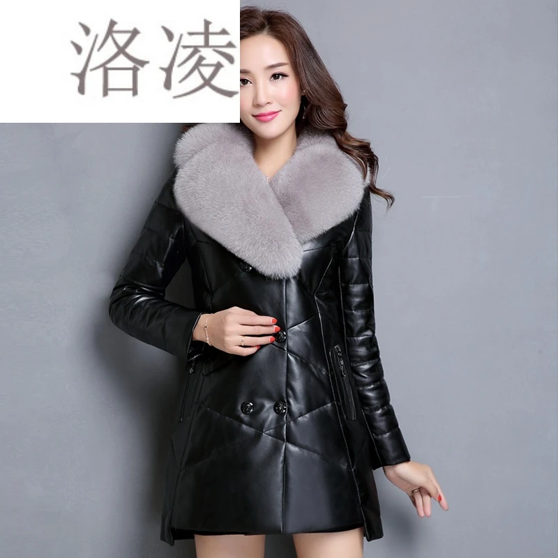 Luoling genuine leather down jacket women's mid-length 2016 new fox fur collar Haining genuine leather jacket women's fur black XXXL