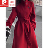 Pierre Cardin thickened wool new cashmere autumn and winter coat long stand-up collar double-sided New Year woolen jersey coat Angora red M