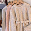 La Chapelle Lazy Style Autumn and Winter Mid-Length Sweater Dress Large Size Loose Tie Waist Sweater Bottoming Skirt Top Women Pure 100 Automatic Heating Flower Apricot High Plus Thick Pure 100 Automatic Heating M 95-105 Jin
