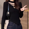 Yi Xin winter bottoming shirt for women, long-sleeved T-shirt to wear as outerwear, high-end knitted sweater 2026 new style for small people, slimming, black, metal butterfly, irregular long sleeves, M. Recommended weight is about 80-100 kilograms