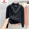 Pierre Cardin thickened velvet sweater for women in autumn and winter, half turtleneck, one-piece velvet bottoming shirt with new lace inside, off-white, one-piece velvet and velvet, French unique and chic, thickened L 115-125 pounds