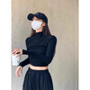 Yalu hot girl slim pleated half-high collar long-sleeved T-shirt for women autumn and winter gray tight inner short top bottoming shirt black M