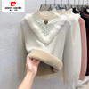 Pierre Cardin thickened velvet sweater for women in autumn and winter, half turtleneck, one-piece velvet bottoming shirt with new lace inside, off-white, one-piece velvet and velvet, French unique and chic, thickened L 115-125 pounds