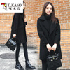 Woodpecker woolen coat for women, high quality, autumn and winter, large size, loose, mid-length, slim woolen coat, black cashmere coat, black style, regular L, recommended 100-120 pounds