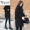 Woodpecker woolen coat for women, high quality, autumn and winter, large size, loose, mid-length, slim woolen coat, black cashmere coat, black style, regular L, recommended 100-120 pounds