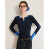 Bailuyu Contrast Color Splicing Half Placket T-shirt Autumn New Simple Slim Fit Long Sleeve Top Women Navy Blue M