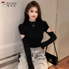 Woodpecker small turtleneck long-sleeved T-shirt for women in autumn with hollow design knitted slim-fitting bottoming shirt top, black L