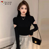 Woodpecker small turtleneck long-sleeved T-shirt for women in autumn with hollow design knitted slim-fitting bottoming shirt top, black L