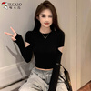 Woodpecker small turtleneck long-sleeved T-shirt for women in autumn with hollow design knitted slim-fitting bottoming shirt top, black L