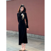 Jialong Mingxiu 2025 New Chinese Style Velvet Cheongsam Women's Autumn and Winter Slim Long Skirt Black Velvet XL