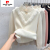 Pierre Cardin thickened velvet sweater for women in autumn and winter, half turtleneck, one-piece velvet bottoming shirt with new lace inside, off-white, one-piece velvet and velvet, French unique and chic, thickened L 115-125 pounds