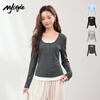 MJ STYLE contrasting fake two-piece long-sleeved T-shirt for women 2026 spring and autumn new Korean style slim fit right shoulder inner layering shirt