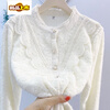 First-diameter stand-up collar fungus lace plus velvet lace bottoming shirt for women, loose shirt that looks slim and covers the flesh, small fragrance, thickened and warm in winter, white 2XL 180 yards (115-130 pounds)