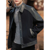 Playboy (PLAYBOY) Lapel Jacket Men's Autumn Trendy Handsome Loose Spliced Leather Jacket Men's Spring and Autumn Style 3076 Black XL