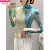 Modal European style printed mesh long-sleeved T-shirt women's turtleneck bottoming shirt autumn and winter slim-fitting and trendy age-reducing tops 0886# S