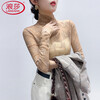 LangSha turtleneck lace bottoming shirt for women, thin autumn and winter style, new style sweater with gauze inside, white hollow mesh top, apricot color, one size fits all