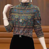 Yu Yixiang half turtleneck bottoming shirt for women 2025 autumn and winter new long-sleeved large size loose printed western style T-shirt inner top, retro color XL 120-140 catties