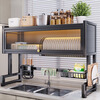 Jingyouyu German kitchen sink rack wash basin dustproof bowl counter top storage tableware multifunctional storage rack black - main rack length 65cm + 6 hooks