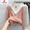 Pierre Cardin thickened velvet sweater for women in autumn and winter, half turtleneck, one-piece velvet bottoming shirt with new lace inside, off-white, one-piece velvet and velvet, French unique and chic, thickened L 115-125 pounds