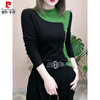 Pierre Cardin thickened German velvet half turtleneck top for women 2025 autumn and winter with warm base layer for women color block long-sleeved T-shirt green M recommended 85-105 catties