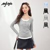 MJ STYLE contrasting fake two-piece long-sleeved T-shirt for women 2026 spring and autumn new Korean style slim fit right shoulder inner layering shirt