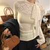 Lugeli bottoming shirt for women, lace knitted spring and autumn bow ribbon design, versatile and chic, slim fit, long sleeves, lace bottoming shirt M, recommended within 95 pounds