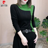 Pierre Cardin thickened German velvet half turtleneck top for women 2025 autumn and winter with warm base layer for women color block long-sleeved T-shirt green M recommended 85-105 catties