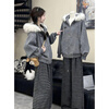 JRET velvet coat for women Korean style gray lazy fur collar 2025 autumn and winter new temperament striped wide-leg pants two-piece set for women fur collar jacket + pants two-piece set plus velvet M recommended 95-110 pounds