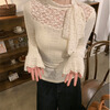 Lugeli bottoming shirt for women, lace knitted spring and autumn bow ribbon design, versatile and chic, slim fit, long sleeves, lace bottoming shirt M, recommended within 95 pounds
