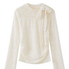 Lugeli bottoming shirt for women, lace knitted spring and autumn bow ribbon design, versatile and chic, slim fit, long sleeves, lace bottoming shirt M, recommended within 95 pounds