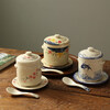 Tuojin Jingdezhen ceramic water-proof stew pot with lid, double lid and double ears, stewed bird's nest cup, steamed egg cup, stew pot, household large inner pot, 40-head porcelain spoon, suitable for 1 person, 600ml