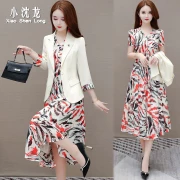 XiaoShenlongハイエンドスーツシフォンドレス女性半袖夏薄切りスモールファッション気質年齢を減らすツーピーススーツスカートSSXTZXSLインク塗装スーツXL