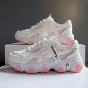 お父さんの靴女性の潮の年新しい夏の厚底スポーツ女性の靴カジュアル通気性のある白い靴ピンク36