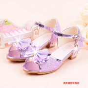 Girls high-heeled princess sandals fashion children's fish mouth shoes gold cute sequin bow 2019 summer new products 633 purple 37 yards shoes inner length 23cm