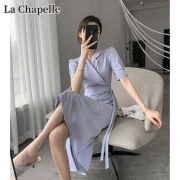 LaChapelleLAの新しいドレス気質の女神ファンウエストスリットスーツドレス女性の夏の新しいハイエンドスリミングオーバーザニーロングスカートラージサイズファットファッションカウンターオフィシャルウィメンズライトパープルM[85-100キャティ]
