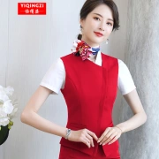 Yiqingzi chaleco rojo femenino corto profesional chaleco delgado traje versión coreana traje de primavera y verano chaleco chaleco mono azafata uniforme recepcionista reunión anual hebilla oscura chaleco chaqueta chaleco rojo único S