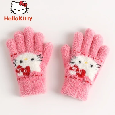 Hellokitty台湾輸入hellokitty子供用ウール手袋女の子冬防寒防風手袋学校サンゴフリース生地 フィンガー手袋kc023ミディアムパウダー2 7歳