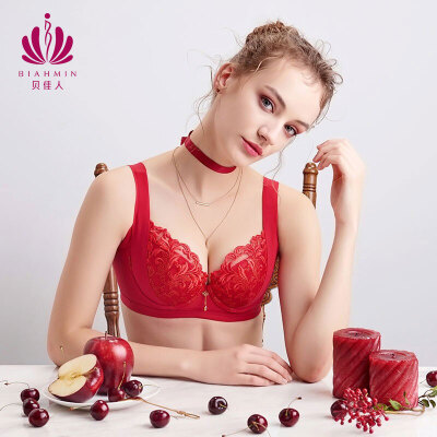 Beijiaren Sexy Big Breast Push Up Adjustable Bra Thin Side Breast Receiving  Lace Underwear Red Push-Up Bra Pomegranate Red 70B