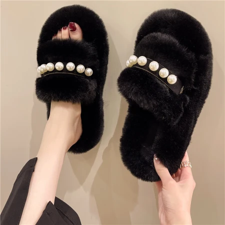 Fur slippers women's outer wear 2022 new Korean version of ins trendy shoes autumn and winter pearl thick bottom cotton slippers black. 37