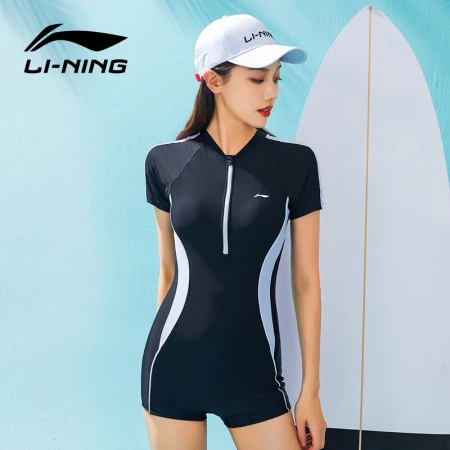 Li Ning LI-NING one-piece swimsuit ladies boxer conservative professional sports large size cover belly thin hot spring swimming suit LSYT373-1 black and white XL