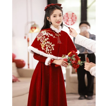 Saidler SAIDELE toast dress bride 2023 new red wedding long-sleeved winter thickened shawl velvet dress skirt women's winter wine red long style plus shoulder M recommended 96-105 catties