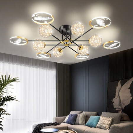Quanmei 24K Aesthetic Lamp [Package Installation] New Starry Feather Living Room Lamp Chandelier Simple Modern Hall Headlight LED Three Room Two Hall Lamp Package Lighting Lighting Package 8 Three Room Two Hall 12 Heads Voice Intelligence + Remote Control [Package Installation]