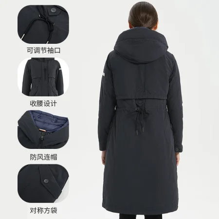 Jieao down jacket women's long windbreaker cotton sense winter coat coat hooded ladies down jacket 7981308 100#black 160/S