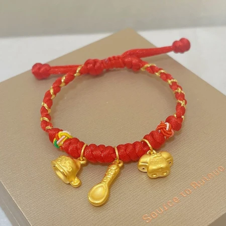 Yisheng Gold Baby Bracelet Bracelet 3D Pure Gold 999 Auspicious Three Treasures Gold Pendant Transfer Pearl Red Rope Bracelet Anklet Baby Bracelet One Year Baby Full Moon Children's Day Gift Gold Worry-free Red Rope Bracelet Champion Hat, Spoon, Official Clothes Three-piece Set
